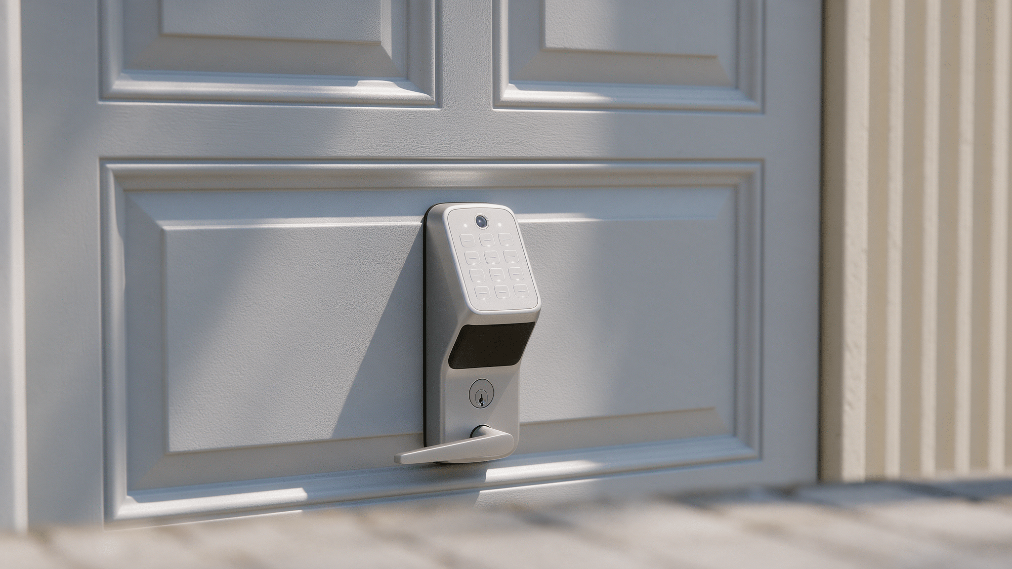Keypad smart deadbolt mounted on a light gray front door in midday light.
