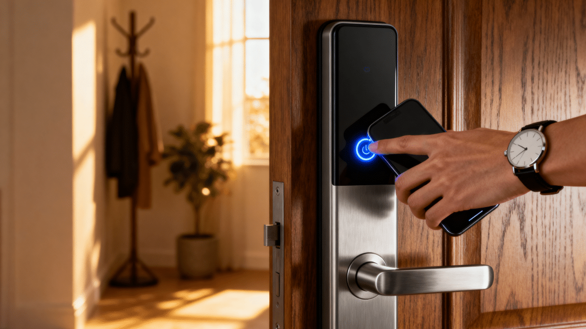 A hand holding a smartphone near the lit reader of an electronic smart lock mounted on a wood front door.