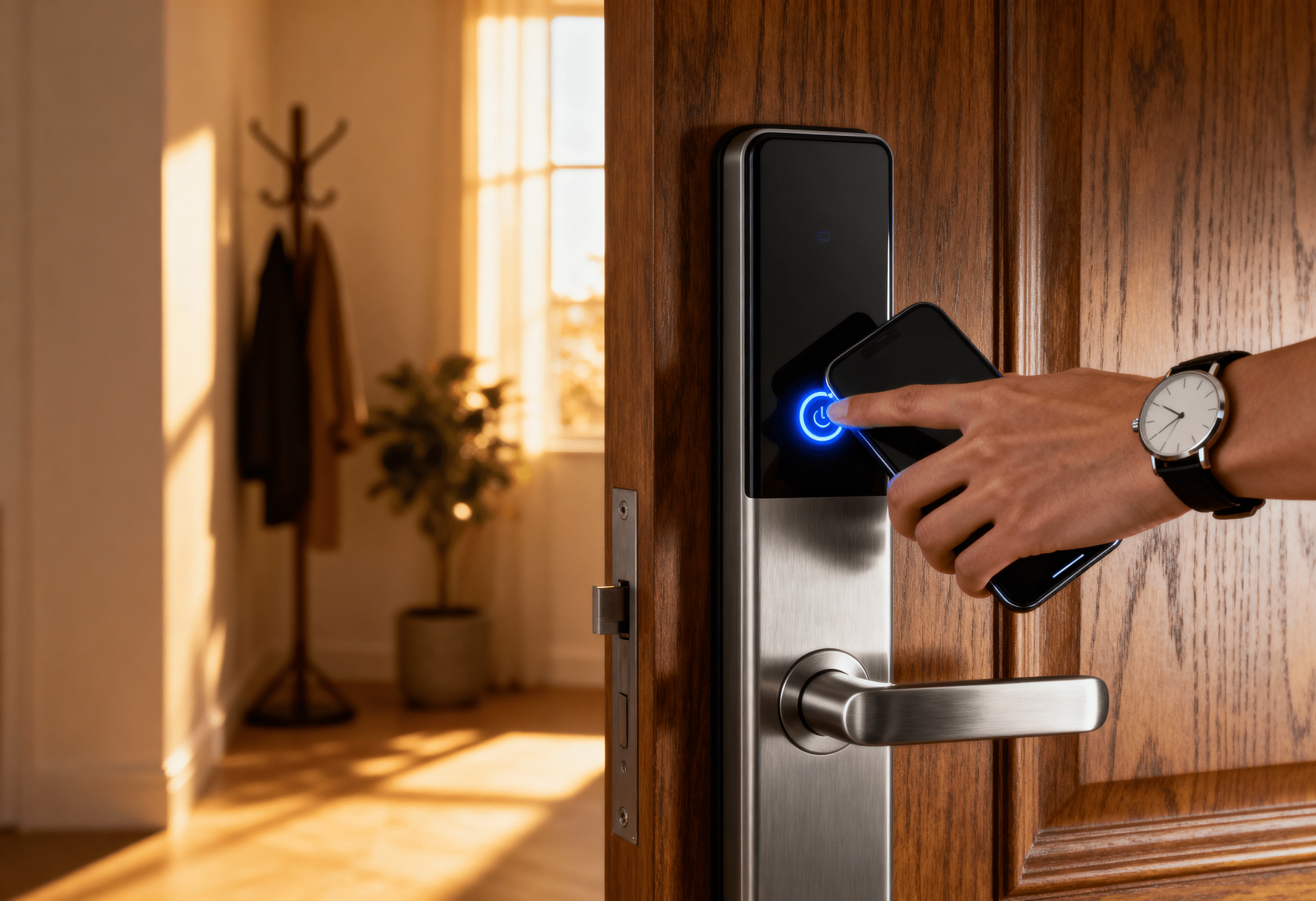 A hand holding a smartphone near the lit reader of an electronic smart lock mounted on a wood front door.