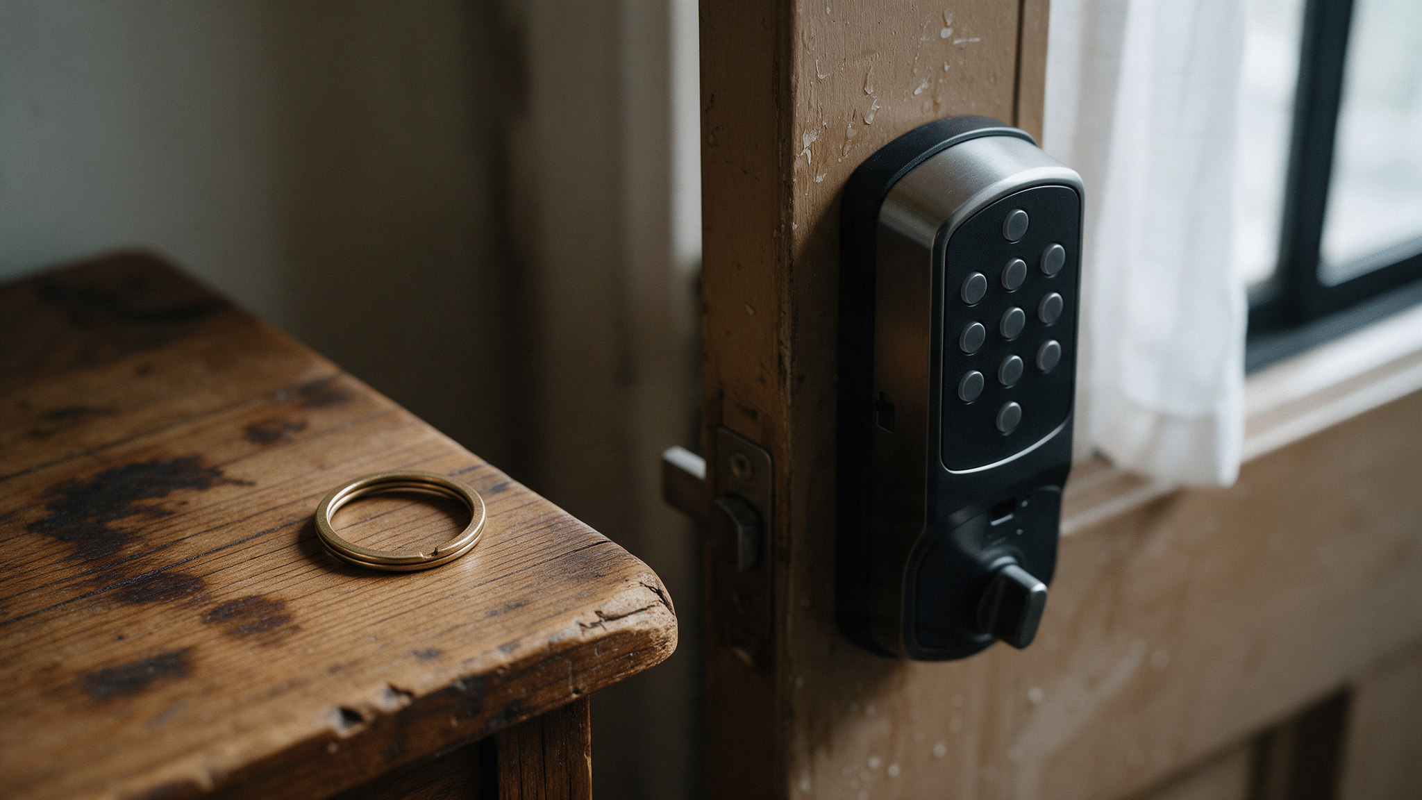 A spare set of brass keys left on a wooden table beside a keypad smart deadbolt on an older apartment door.