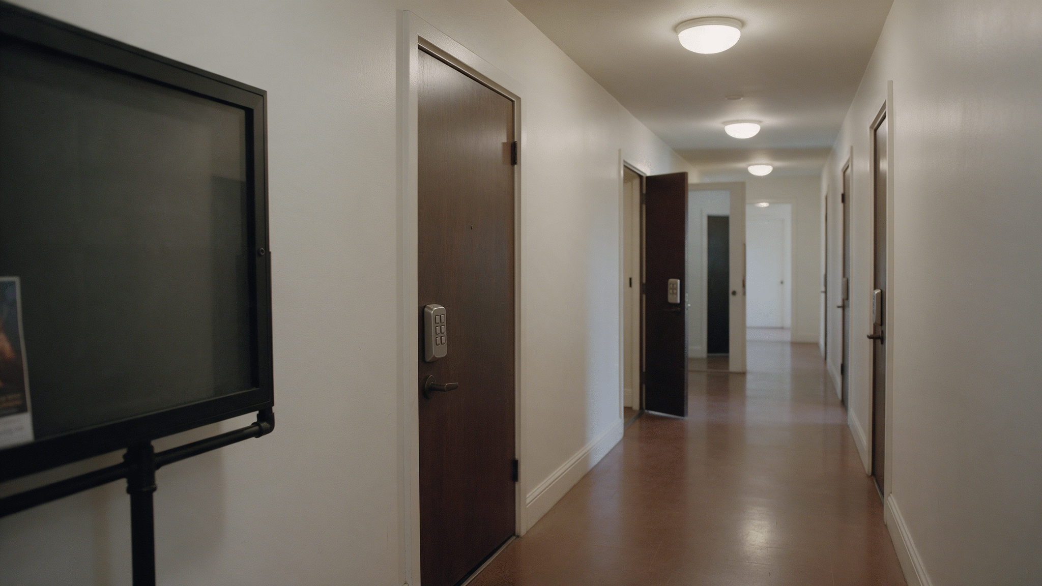 A row of apartment doors down a hallway, each fitted with its own keypad smart deadbolt.