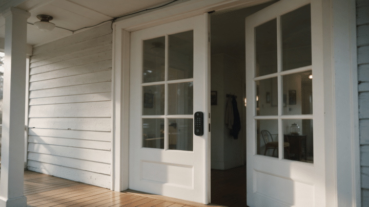 White painted French doors on a covered porch, a keypad smart deadbolt mounted on the right-hand leaf and the left leaf closed with no visible hardware