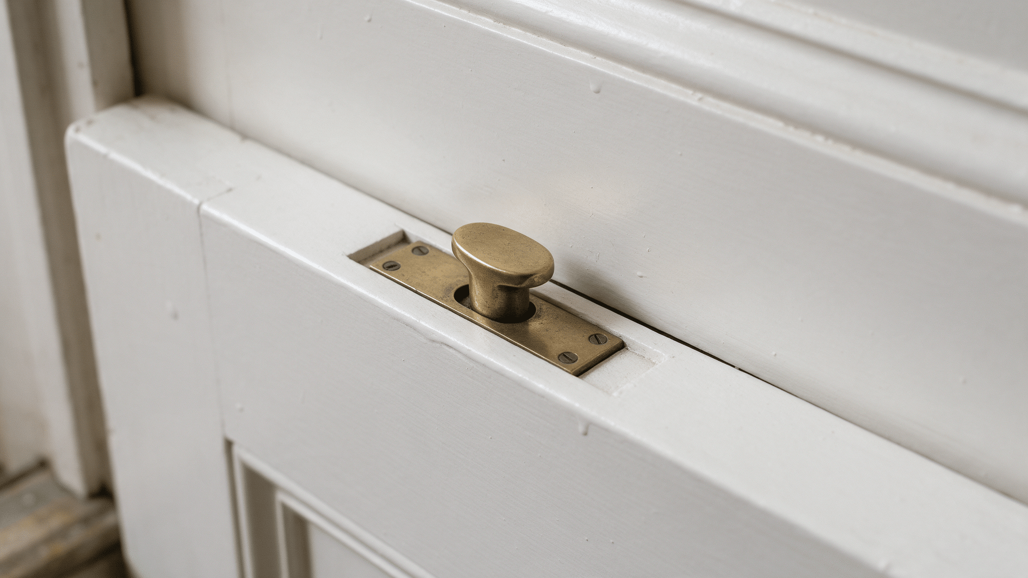 The top inside edge of a closed white painted door where a vertical flush bolt lever is recessed into the wood next to the hinge