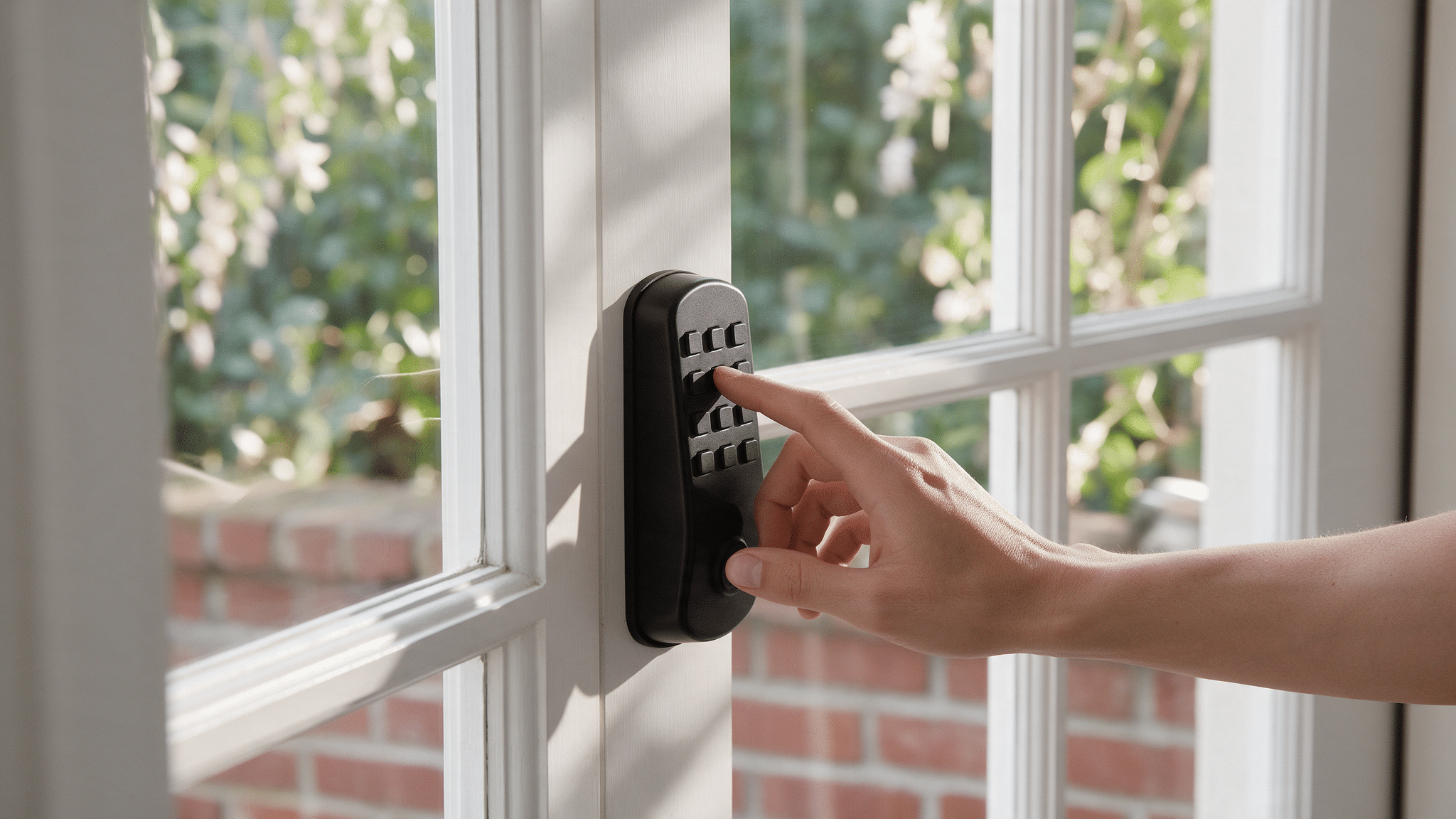 A hand entering a code on a keypad deadbolt mounted on one leaf of a white French door with glass panes
