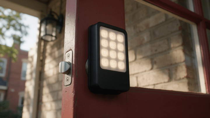 Keypad smart deadbolt mounted on a dark red front door, with a porch light and brick wall visible beside it.