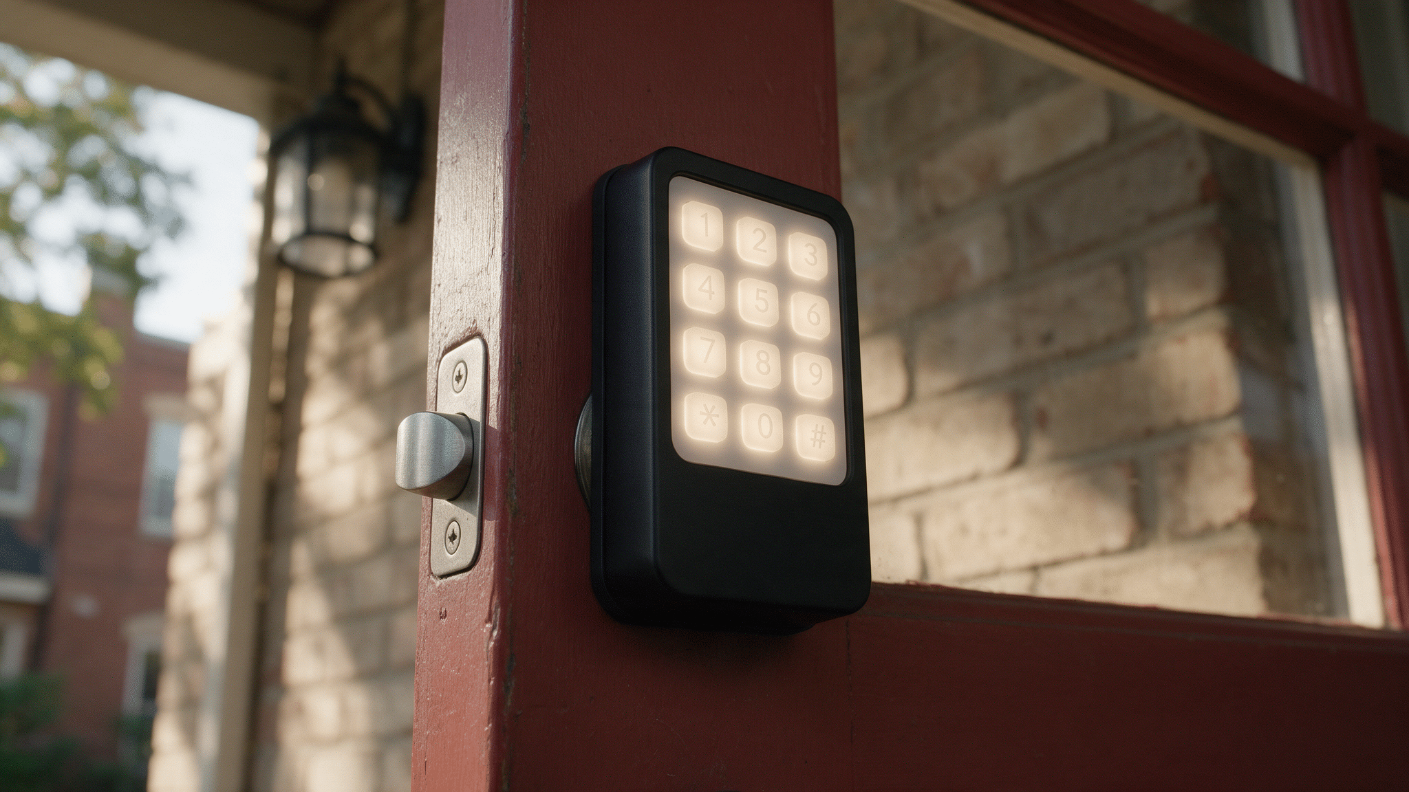 Keypad smart deadbolt mounted on a dark red front door, with a porch light and brick wall visible beside it.