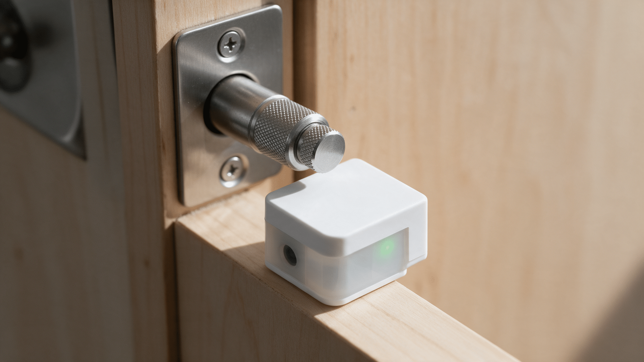 A small white door-position sensor mounted on a door frame beside an extended deadbolt bolt, its indicator light glowing green.