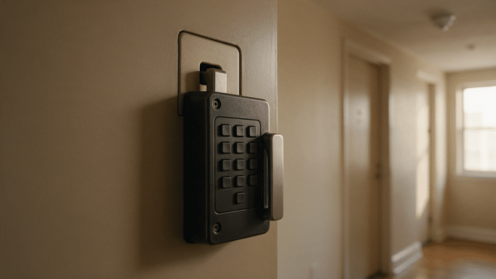 Keypad smart deadbolt mounted beside an apartment door in a hallway, daylight from a window at the end of the corridor.