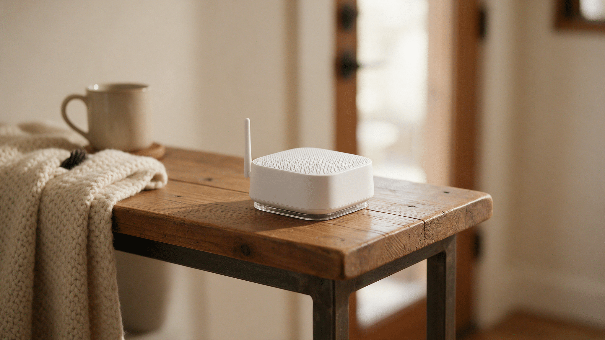 A small home automation hub with a short antenna on a wooden entryway table, a front door visible out of focus behind it.